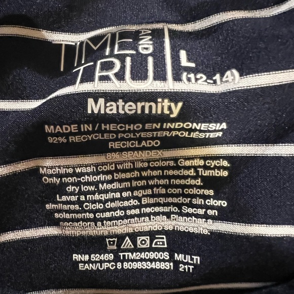 Time and Tru Maternity tank top, size large, navy with white stripes - Picture 2 of 4